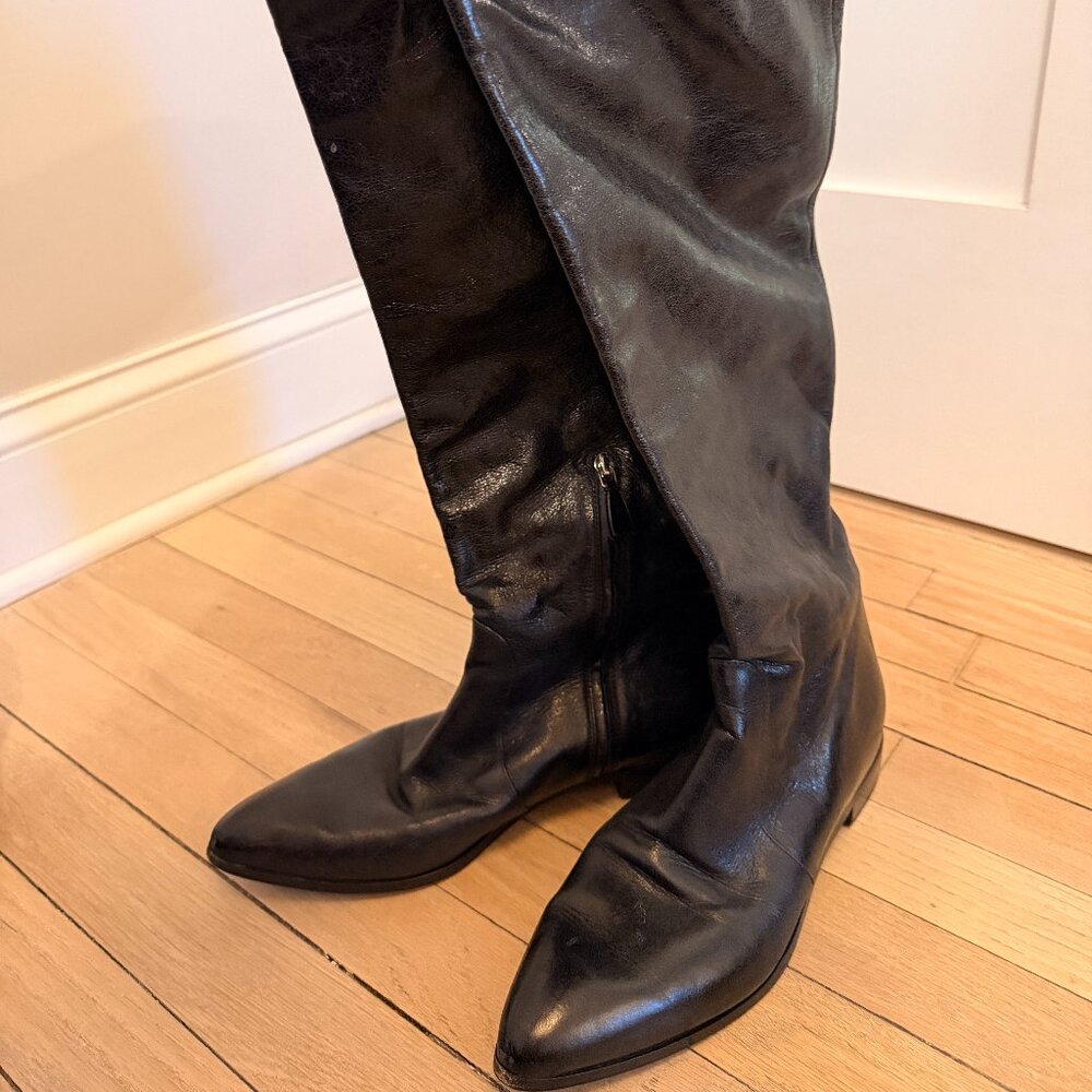 100% Authentic NEW PRADA Women's Black Crackled Leather Tall Flat Boot EU 39